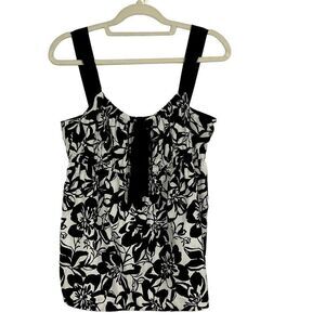 LOFT Black/White Floral Print Top, Medium, 100% cotton